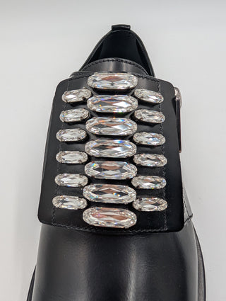 Black Leather Slip On Loafers With Crystal Buckle And Zipper Detail