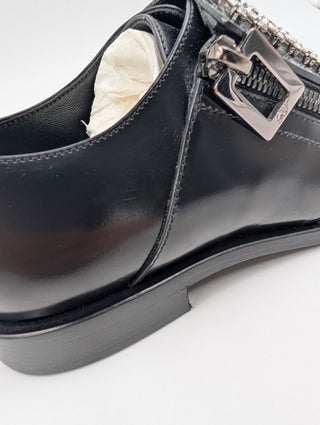 Black Leather Slip On Loafers With Crystal Buckle And Zipper Detail