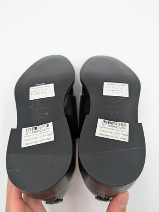 Black Leather Slip On Loafers With Crystal Buckle And Zipper Detail
