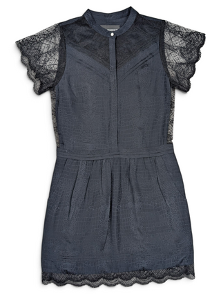 Navy Blue Animal Print Silk Dress With Lace