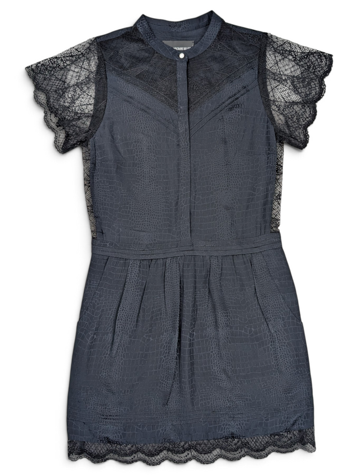 Navy Blue Animal Print Silk Dress With Lace