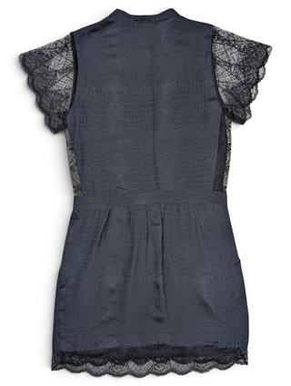 Navy Blue Animal Print Silk Dress With Lace