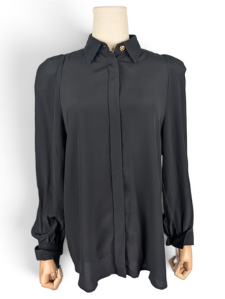 Black Button Up Top With Shoulder Pads And Gold Button At Top