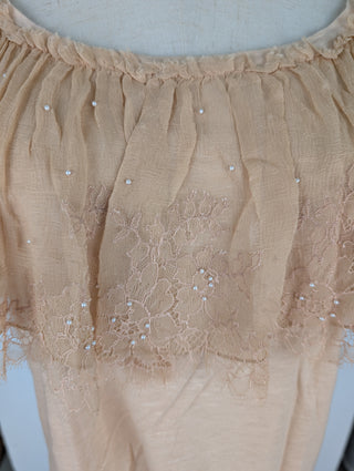 Beige Short Sleeved Top With Flower Patterns