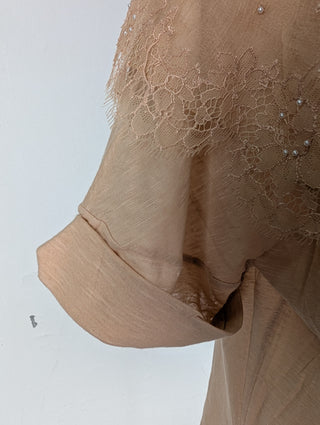 Beige Short Sleeved Top With Flower Patterns