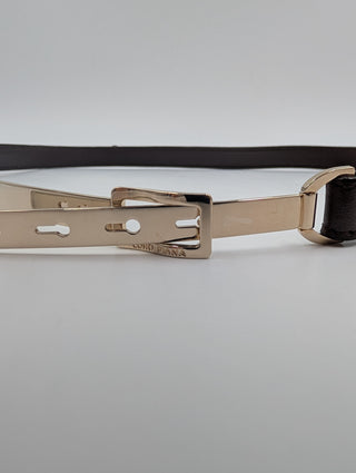 Brown Skinny Leather Belt With Gold Tone Hardware