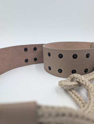 Beige Snap-On Leather Belt With String Detail