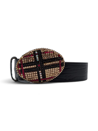 Black Leather Belt With Rhinestone Buckle