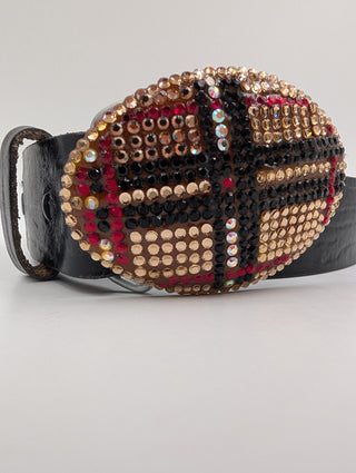 Black Leather Belt With Rhinestone Buckle
