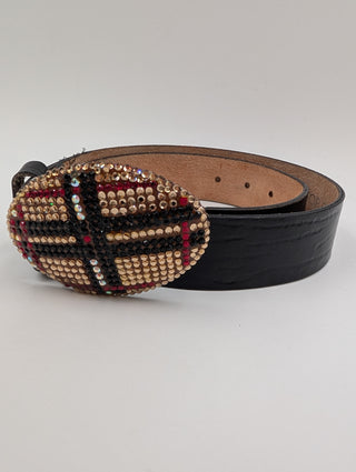 Black Leather Belt With Rhinestone Buckle