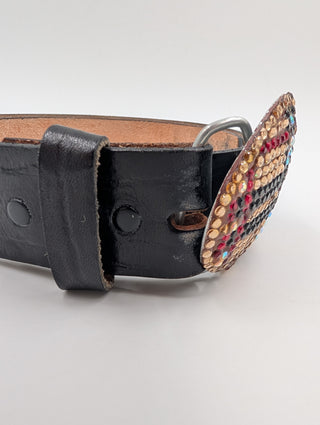 Black Leather Belt With Rhinestone Buckle