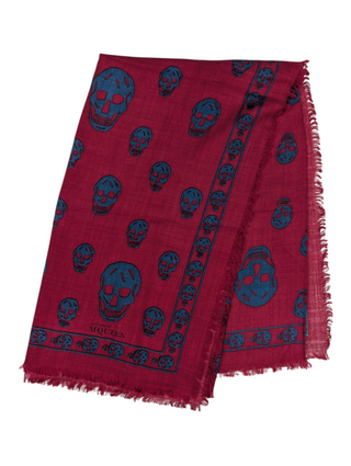 Burgundy And Blue Square Scarf With Skull Patterns