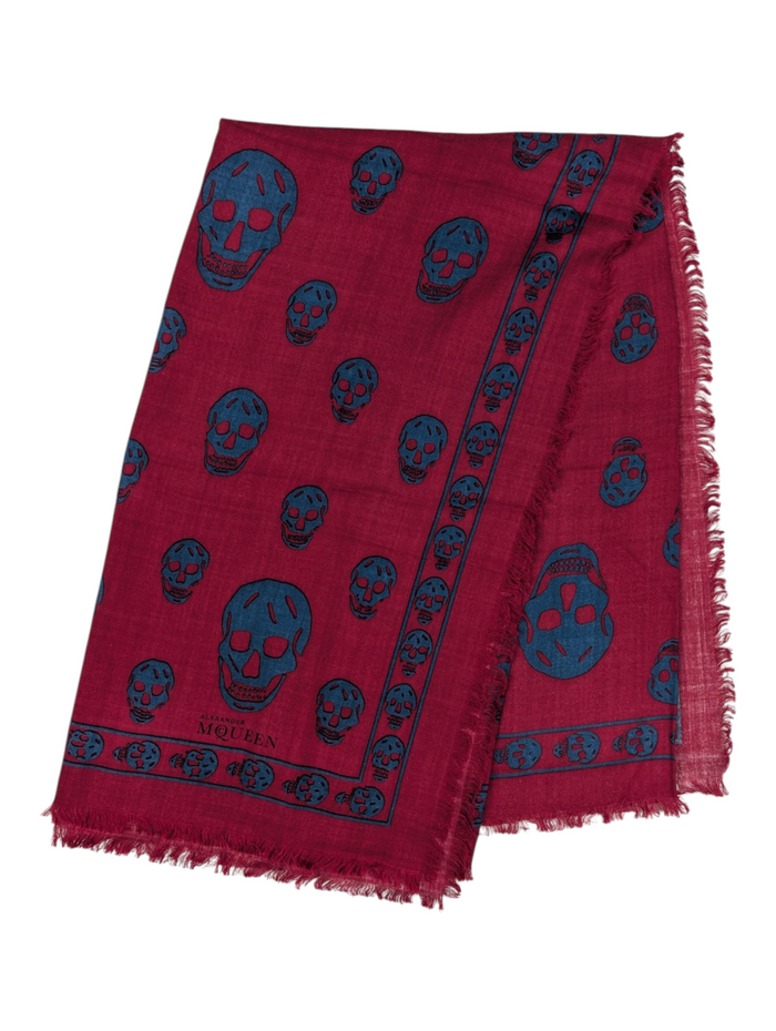 Burgundy And Blue Square Scarf With Skull Patterns