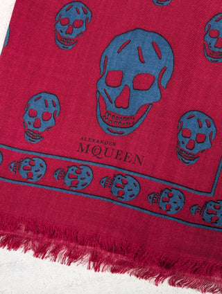 Burgundy And Blue Square Scarf With Skull Patterns