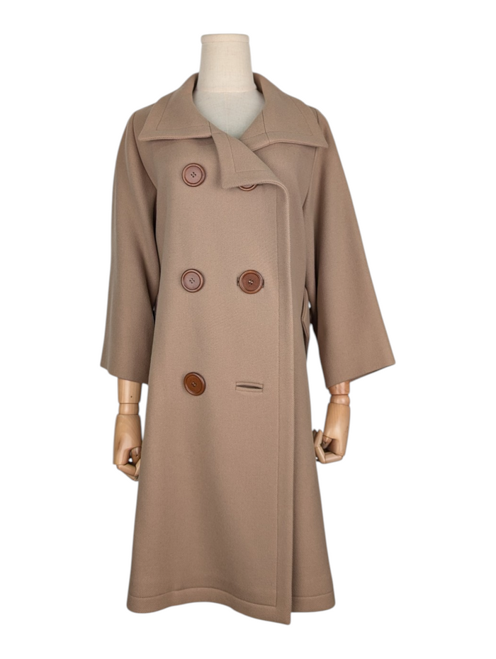 Beige Double Breasted Button Coat With Waistband