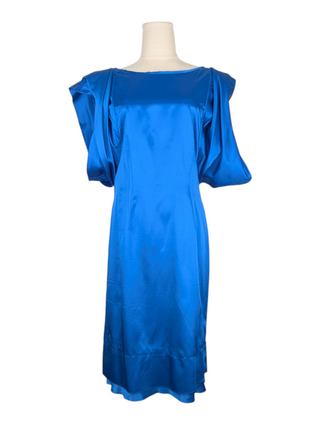Blue Silk Dress With Puff Shoulders