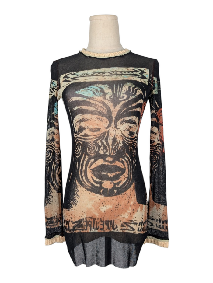 Black 90s Maori Tribal Mask Long Sleeve Top