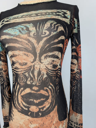 Black 90s Maori Tribal Mask Long Sleeve Top