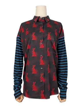 Red 2016 Rabbit Graphic Print Button Up Shirt