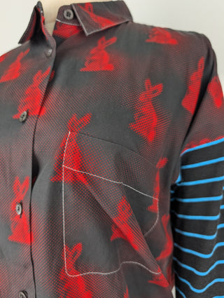 Red 2016 Rabbit Graphic Print Button Up Shirt