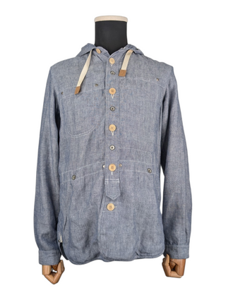 Blue Linen Functional Jacket With Hood