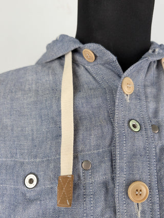 Blue Linen Functional Jacket With Hood