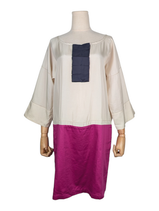 Beige And Purple Dress With Black Ribbon Detail