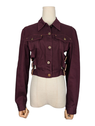 Burgundy Denim Crop Jacket With Side Buckles