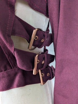 Burgundy Denim Crop Jacket With Side Buckles