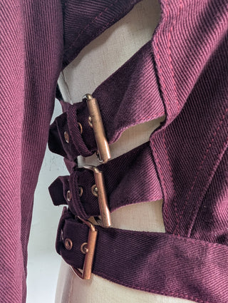Burgundy Denim Crop Jacket With Side Buckles