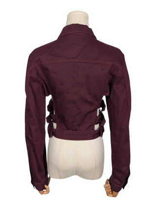Burgundy Denim Crop Jacket With Side Buckles