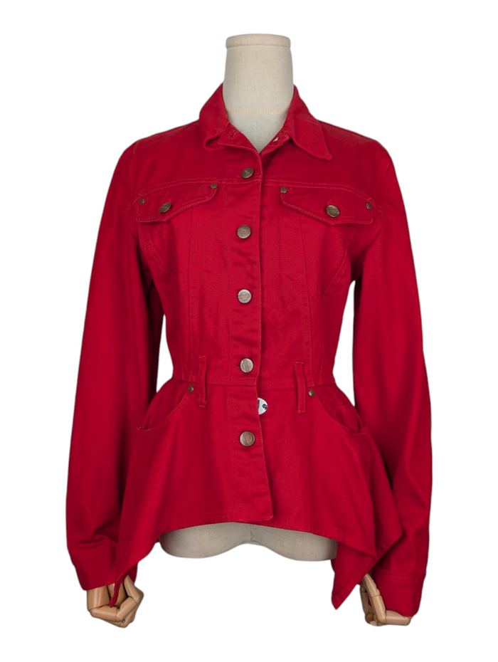Red Denim Jacket With Flare Hem And Belt Loops At The Waist