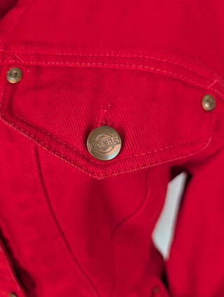 Red Denim Jacket With Flare Hem And Belt Loops At The Waist