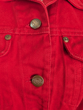 Red Denim Jacket With Flare Hem And Belt Loops At The Waist