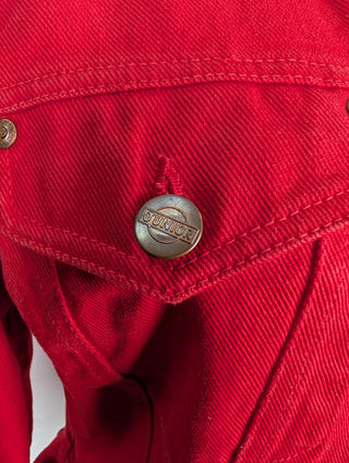 Red Denim Jacket With Flare Hem And Belt Loops At The Waist