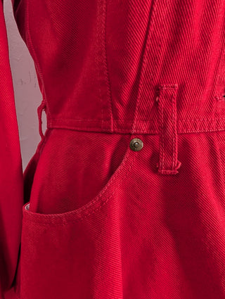 Red Denim Jacket With Flare Hem And Belt Loops At The Waist