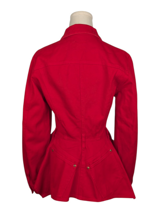 Red Denim Jacket With Flare Hem And Belt Loops At The Waist