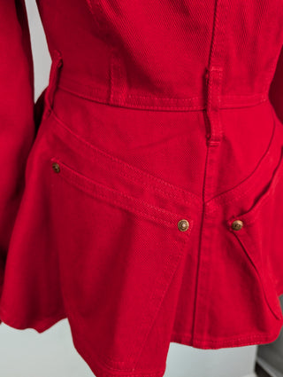 Red Denim Jacket With Flare Hem And Belt Loops At The Waist