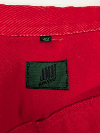 Red Denim Jacket With Flare Hem And Belt Loops At The Waist