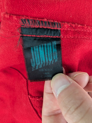 Red Denim Jacket With Flare Hem And Belt Loops At The Waist