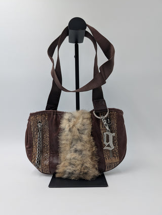 Rare Brown Galliano Shoulder Bag With Metal Accessories And Fur