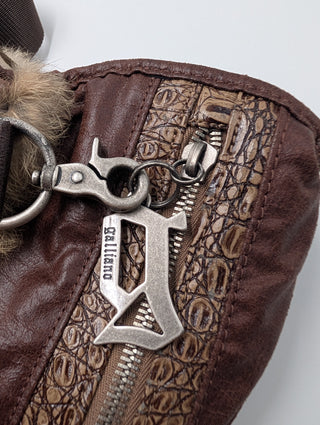 Rare Brown Galliano Shoulder Bag With Metal Accessories And Fur