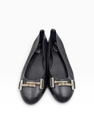 Black Snakeskin Flats With Metal Logo Details