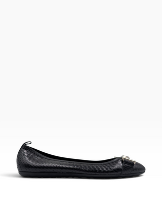 Black Snakeskin Flats With Metal Logo Details
