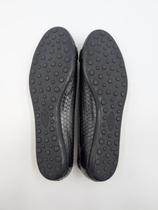 Black Snakeskin Flats With Metal Logo Details