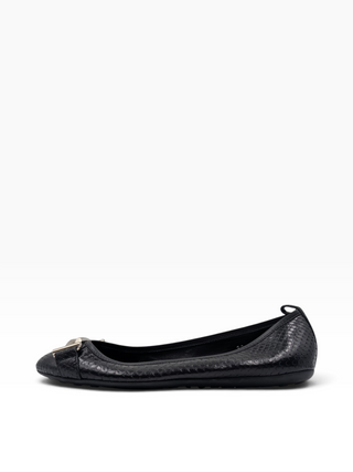 Black Snakeskin Flats With Metal Logo Details