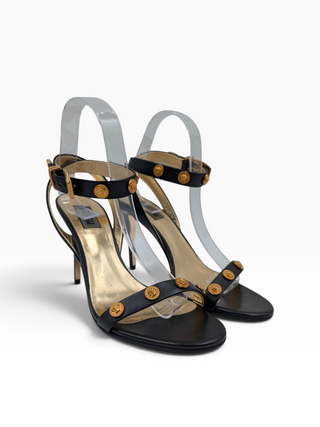 Black Leather Medusa Ankle Strap Open Toe Heels