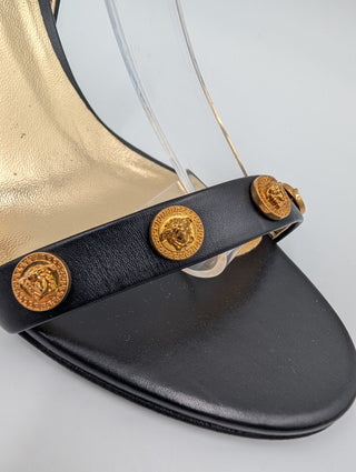 Black Leather Medusa Ankle Strap Open Toe Heels