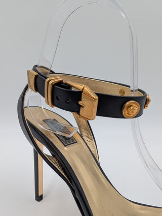 Black Leather Medusa Ankle Strap Open Toe Heels