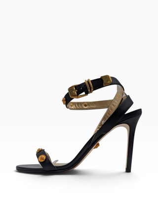 Black Leather Medusa Ankle Strap Open Toe Heels